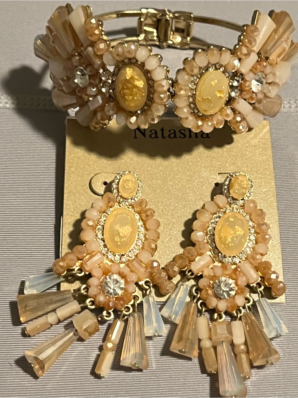 Natasha Couture Gold and Peach Chandelier Beaded Earrings & bracelet
